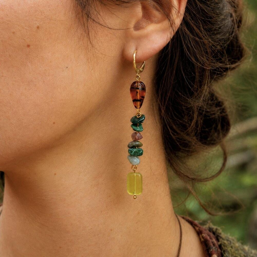 Long Dangle Earrings With Agate, Brown Striped Glass & Green Czech Beads